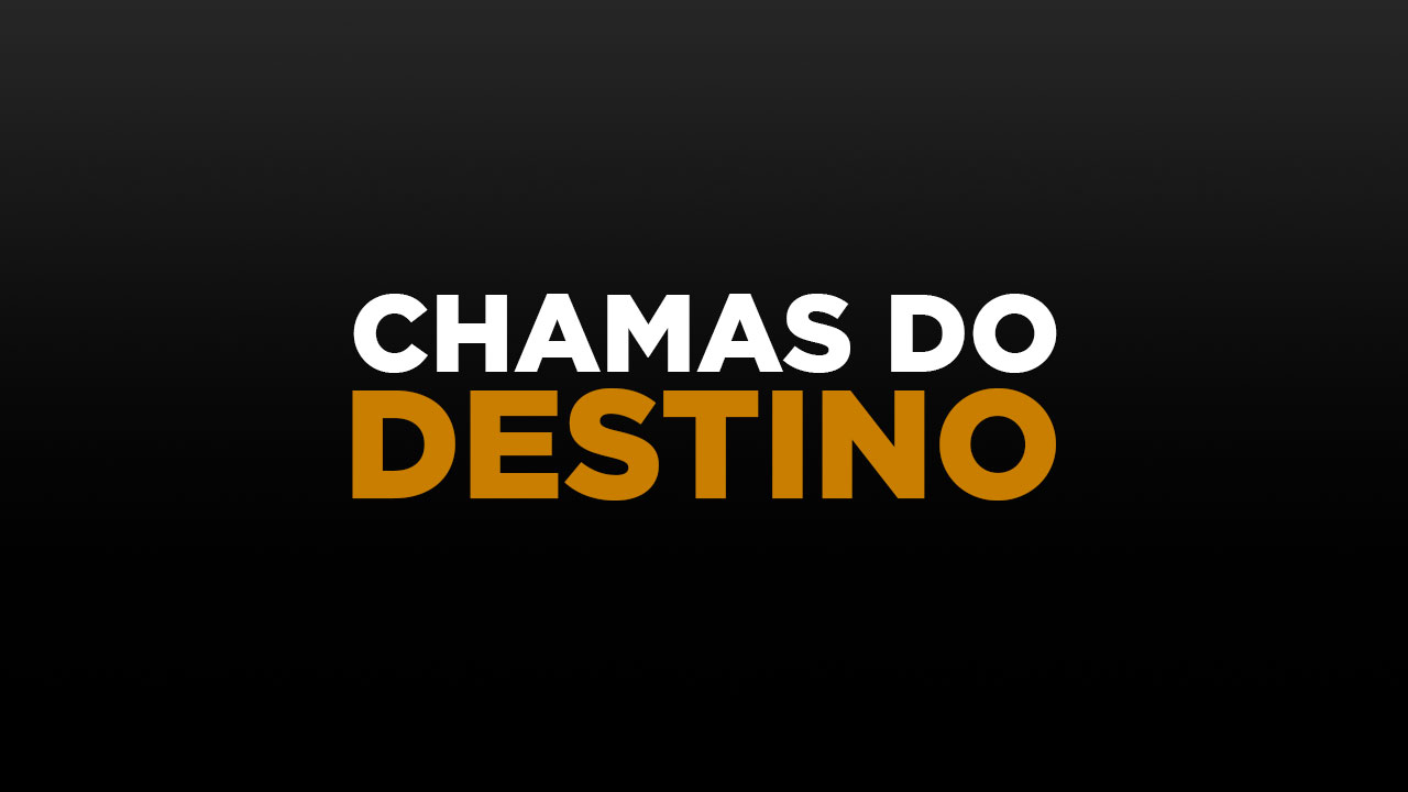 Logotipo da novela Chamas do Destino com as palavras em destaque sobre fundo preto sendo a primeira em branco e a segunda em laranja