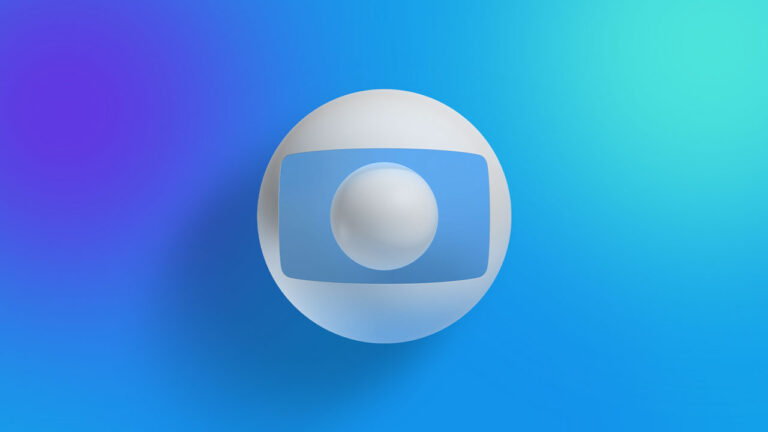 Logotipo 3D da Globo centralizado em formato de esfera branca com tela azul e fundo em degradê azul e roxo