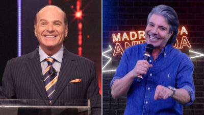 Marcelo de Carvalho sorri de terno e João Kleber de camisa jeans com microfone aparecem em montagem de apresentadores da RedeTV!