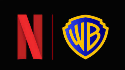 Logotipo da Netflix com a letra N vermelha ao lado do logotipo da Warner Bros em escudo azul e amarelo sobre fundo preto
