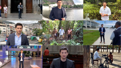 Willian Kury em montagem de nove cenas da Retrospectiva 2025 da RedeTV! reportando em diferentes locais como floresta e Brasília