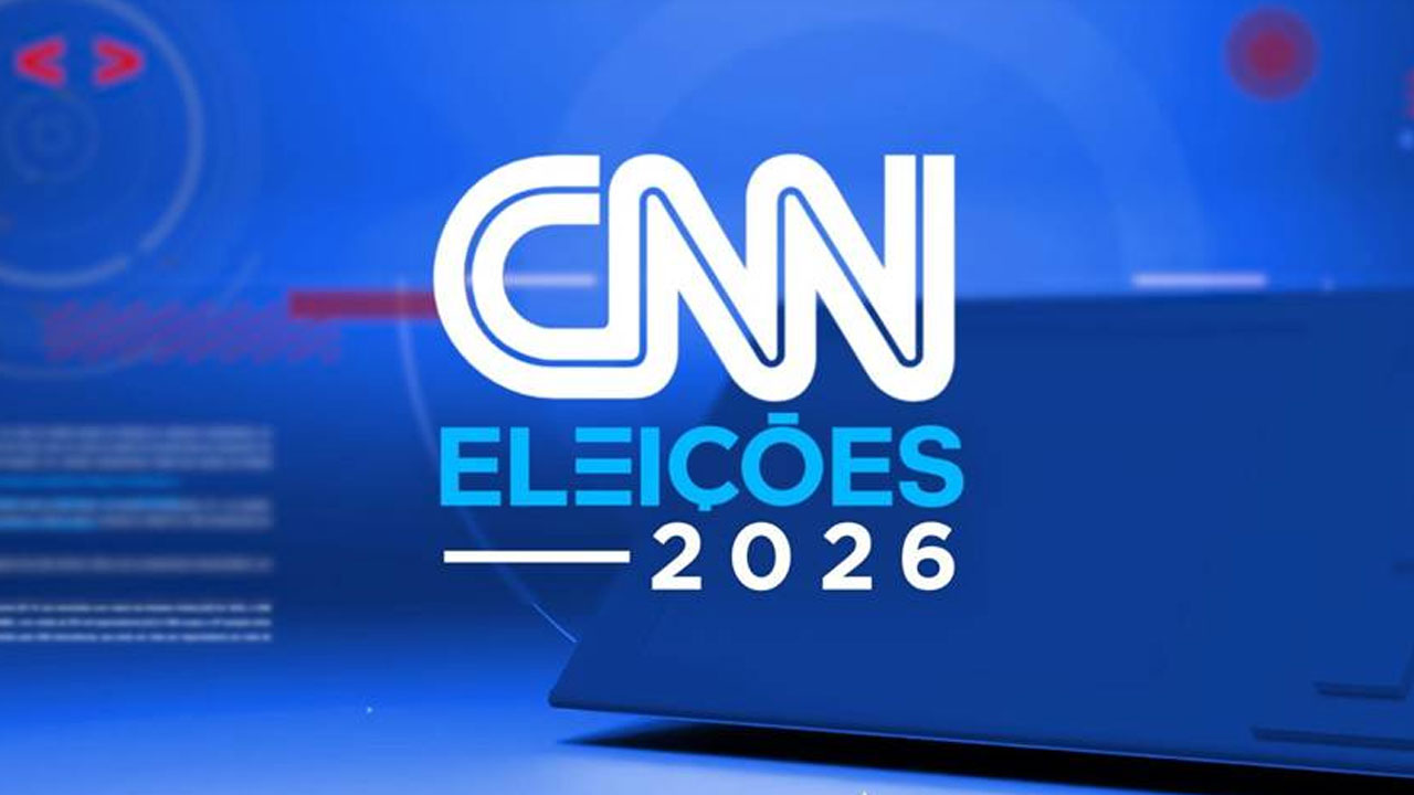Logotipo CNN Eleições 2026 centralizado em branco e azul claro sobre fundo azul com elementos tecnológicos e gráficos digitais