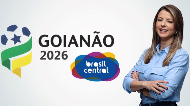 Thaís Freitas sorri de camisa azul ao lado do logo do Goianão 2026 e da TV Brasil Central em imagem promocional do campeonato
