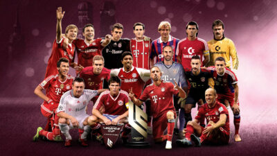 Jogadores históricos do Bayern de Munique reunidos em imagem promocional da Legends Cup 2026 com uniformes do clube e troféu ao centro