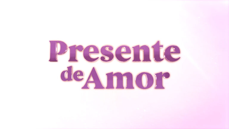 Logotipo da novela mexicana Presente de Amor centralizado com letras roxas e brilho suave sobre um fundo degradê branco e rosa