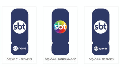 Três versões da nova canopla do SBT com fundo azul exibem logotipos do SBT News, entretenimento e SBT Sports identificadas como opções 1, 2 e 3