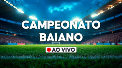 Gráfico com a frase Campeonato Baiano e selo ao vivo sobre imagem de estádio de futebol iluminado com gramado em destaque
