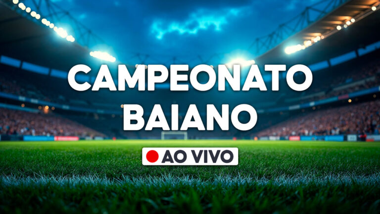 Gráfico com a frase Campeonato Baiano e selo ao vivo sobre imagem de estádio de futebol iluminado com gramado em destaque