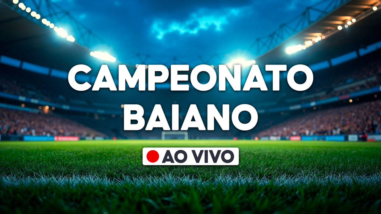Gráfico com a frase Campeonato Baiano e selo ao vivo sobre imagem de estádio de futebol iluminado com gramado em destaque
