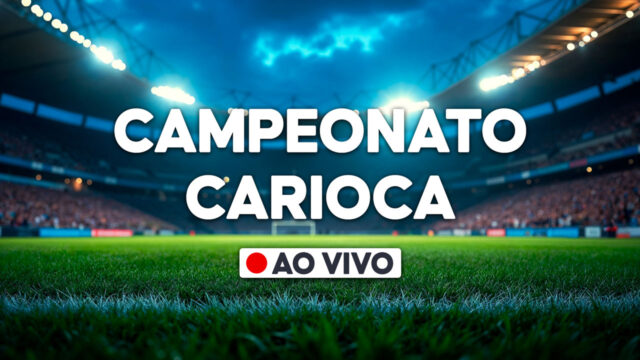 Gráfico com a frase Campeonato Carioca e selo ao vivo sobre imagem de estádio de futebol iluminado com gramado em destaque