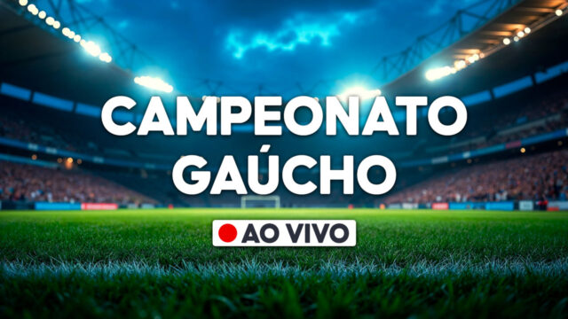 Gráfico com a frase Campeonato Gaúcho e selo ao vivo sobre imagem de estádio de futebol iluminado com gramado em destaque