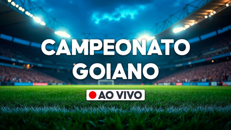 Gráfico com a frase Campeonato Goiano e selo ao vivo sobre imagem de estádio de futebol iluminado com gramado em destaque