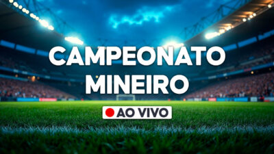 Gráfico com a frase Campeonato Mineiroe selo ao vivo sobre imagem de estádio de futebol iluminado com gramado em destaque