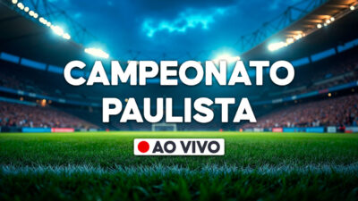 Gráfico com a frase Campeonato Paulista e selo ao vivo sobre imagem de estádio de futebol iluminado com gramado em destaque