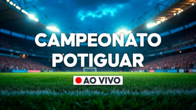 Gráfico com a frase Campeonato Potiguar e selo ao vivo sobre imagem de estádio de futebol iluminado com gramado em destaque