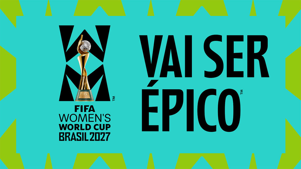 Arte promocional da Rexona destaca patrocínio da Copa do Mundo feminina Brasil 2027 com troféu da FIFA e frase Vai Ser Épico em fundo verde e azul