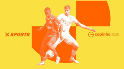 Gráfico promocional da Xsports para a Copinha 2026 com dois jogadores de futebol em ação sobre fundo amarelo e detalhes laranjas