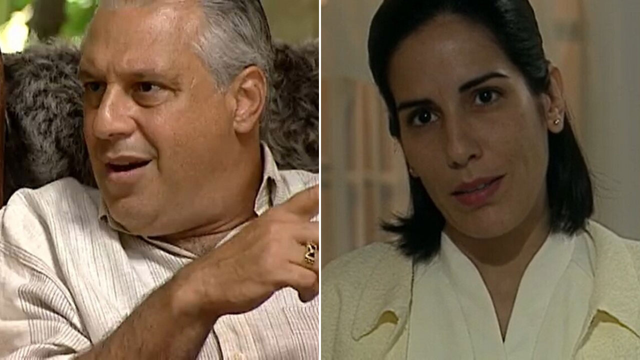 Antonio Fagundes como Bruno Mezenga de chapéu e Gloria Pires como Nice sorriem em montagem de duas fotos de personagens clássicos das novelas da Globo