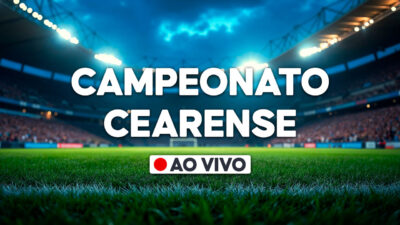 Gráfico com a frase Campeonato Cearense e selo ao vivo sobre imagem de estádio de futebol iluminado com gramado em destaque