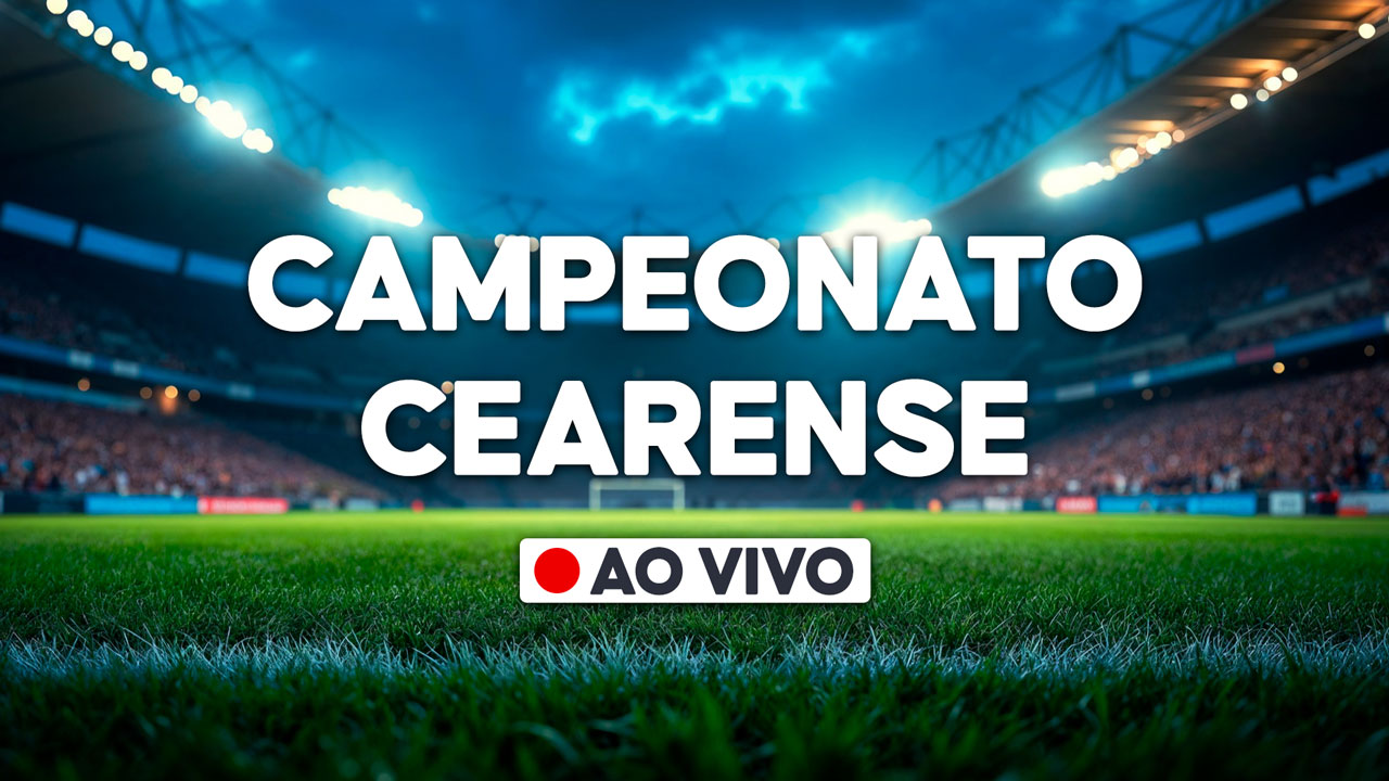 Gráfico com a frase Campeonato Cearense e selo ao vivo sobre imagem de estádio de futebol iluminado com gramado em destaque