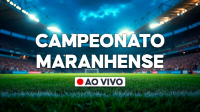 Gráfico com a frase Campeonato Maranhense e selo ao vivo sobre imagem de estádio de futebol iluminado com gramado em destaque