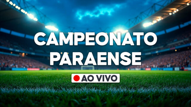 Gráfico com a frase Campeonato Paraense e selo ao vivo sobre imagem de estádio de futebol iluminado com gramado em destaque