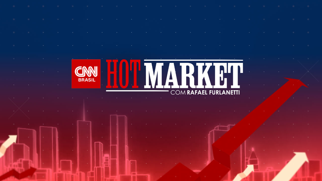 Logotipo do programa CNN Hot Market com Rafael Furlanetti sobre fundo azul e vermelho, exibe silhuetas de prédios e setas financeiras ascendentes na CNN Brasil