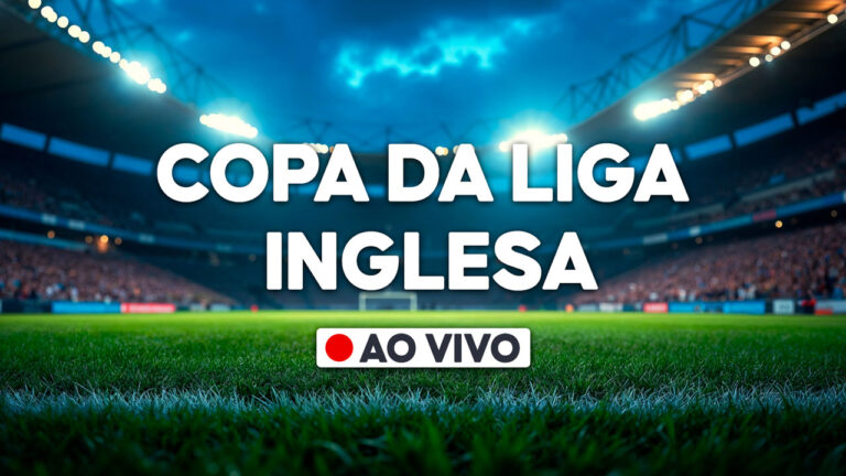 Gráfico com a frase Copa da Liga Inglesa e selo ao vivo sobre imagem de estádio de futebol iluminado com gramado em destaque