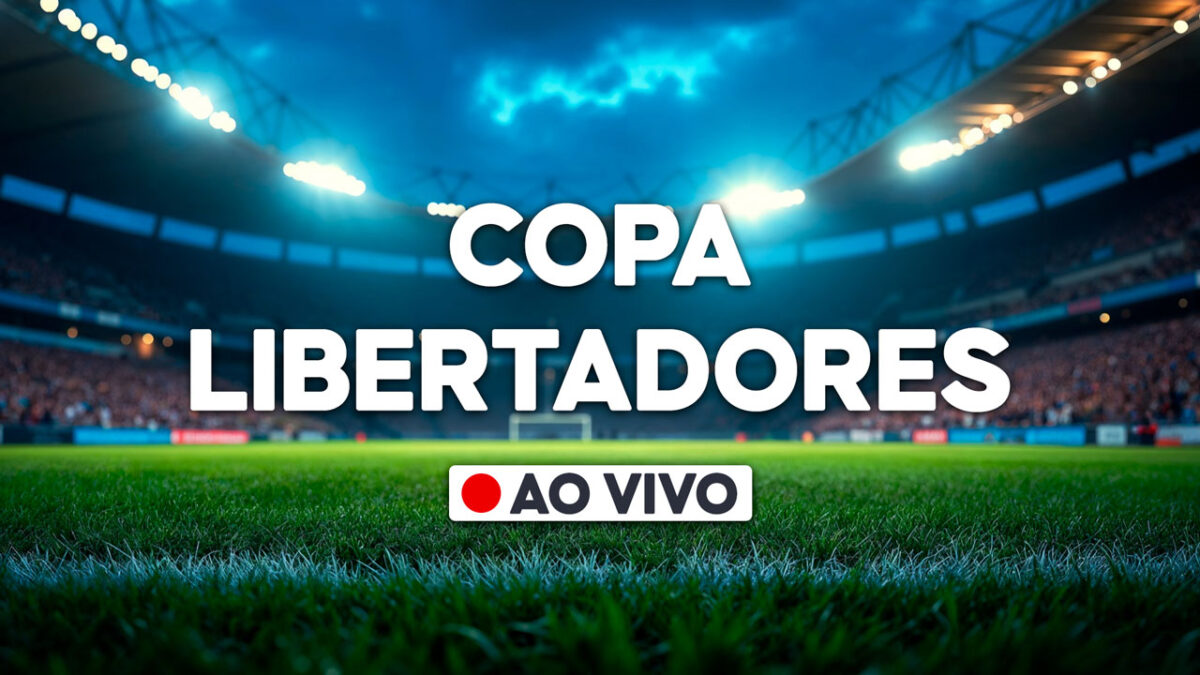 Gráfico com a frase Copa Libertadores e selo ao vivo sobre imagem de estádio de futebol iluminado com gramado em destaque