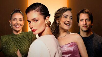 Fabiula Nascimento, Carol Ribeiro, Aline Diniz e Vladimir Brichta em montagem promocional do Oscar 2026 com fundo iluminado