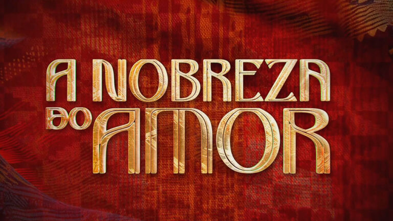 Logotipo da novela A Nobreza do Amor em letras douradas com texturas lineares, centralizado sobre um fundo vermelho texturizado com tons de vinho