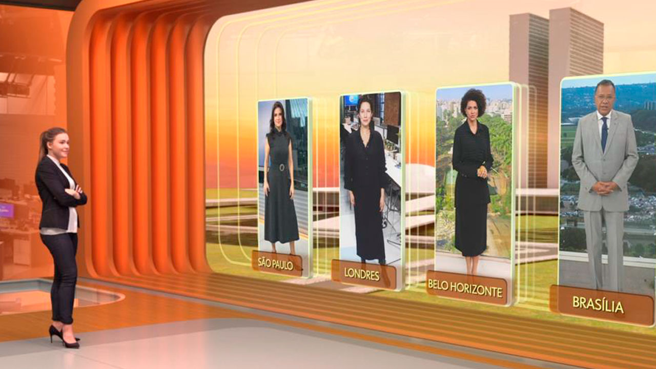 Maquete digital do novo cenário do Bom Dia Brasil com tons alaranjados, apresentadora observa telão com correspondentes