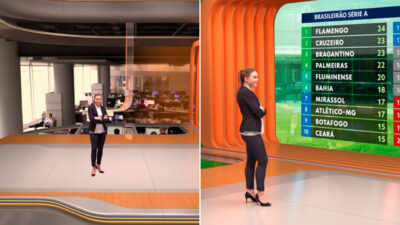 Montagem do projeto do novo cenário do Bom Dia Brasil com apresentadora de braços cruzados diante de painel com tabela do Brasileirão