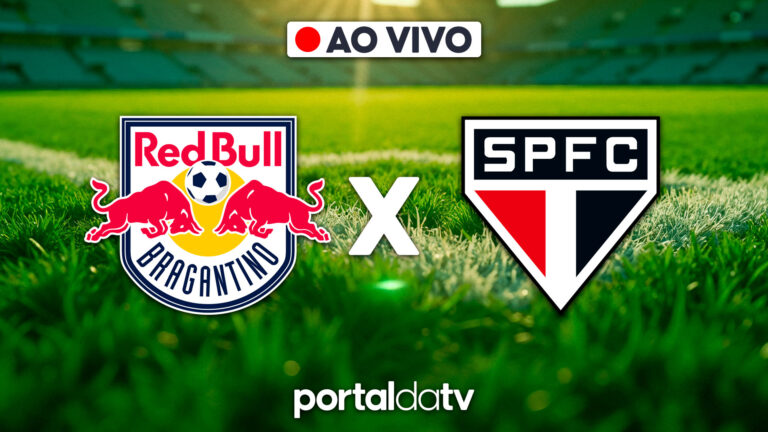 Escudos de Red Bull Bragantino e São Paulo sobre gramado, selo Ao Vivo no topo, letra X branca ao centro, logomarca Portal da TV na base da imagem