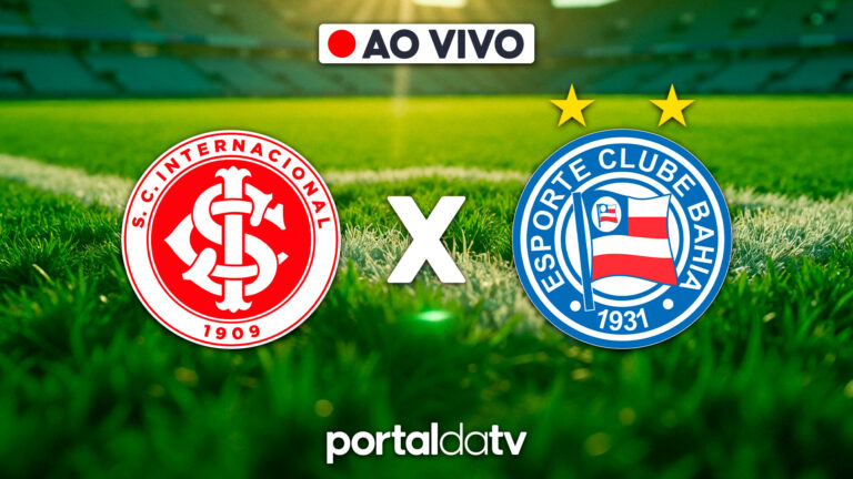 Escudos de Internacional e Bahia sobre gramado de futebol, selo Ao Vivo no topo, letra X branca centralizada, logomarca Portal da TV na base da tela