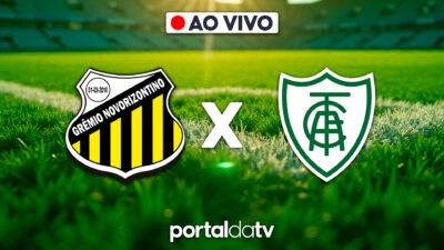 Escudos de Novorizontino e América-MG sobre gramado de estádio com indicação de transmissão ao vivo e logotipo do Portal da TV