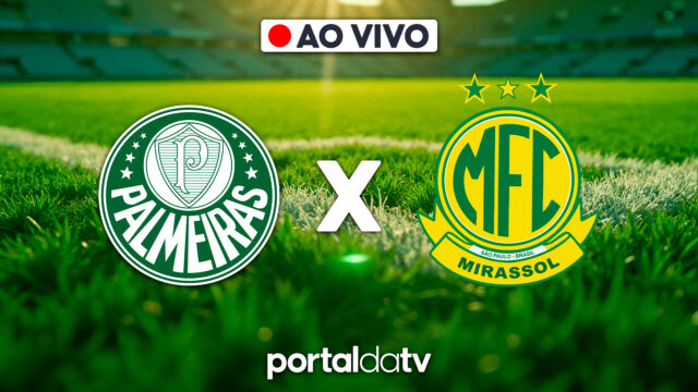 Escudos de Palmeiras e Mirassol sobre gramado verde, selo Ao Vivo no topo, letra X branca entre as artes, logomarca do Portal da TV na base da imagem