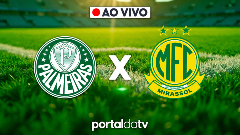 Escudos de Palmeiras e Mirassol sobre gramado verde, selo Ao Vivo no topo, letra X branca entre as artes, logomarca do Portal da TV na base da imagem