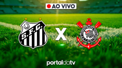 Escudos de Santos e Corinthians sobre gramado de futebol, selo Ao Vivo no topo, letra X branca centralizada, logomarca Portal da TV na base da foto