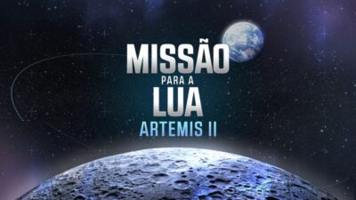 Arte da CNN Brasil com título Missão para a Lua Artemis II sobre fundo espacial estrelado com planeta Terra ao fundo e superfície lunar em destaque