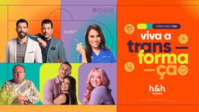 Anúncio da nova identidade visual do Discovery Home & Health traz os Irmãos à Obra, Dra Sandra Lee e Erick Jacquin, frase viva a transformação em fundo laranja e logotipo H&H