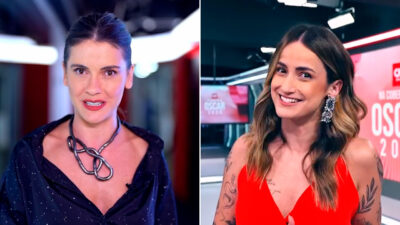 Apresentadoras Elisa Veeck, com colar metálico, e Mari Palma, de vestido vermelho, sorriem em estúdio decorado para a cobertura do Oscar na emissora