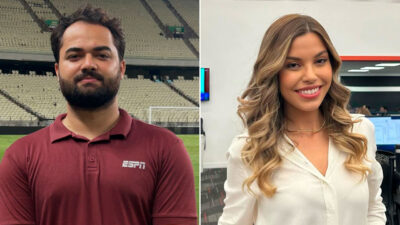 Felipe André em campo de estádio com camisa da ESPN e Isabela Correia sorrindo em estúdio de redação de TV