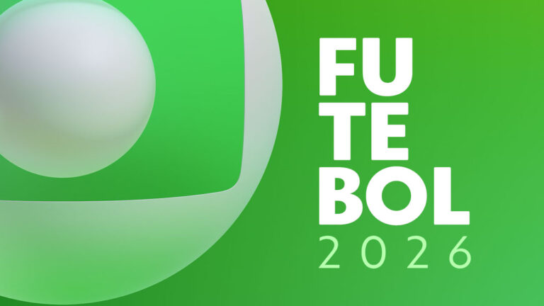 Logotipo 3D da Globo estilizado em tons de verde ao lado do texto Futebol 2026 escrito em letras brancas, arte gráfica sobre fundo verde degradê claro