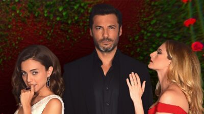 Gulru, Omer e Gulfem posam juntos na novela Guerra das Rosas, os atores vestem trajes sociais e sorriem em ambiente luxuoso