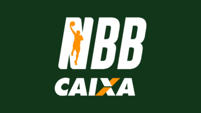Logotipo NBB Caixa em letras brancas inclinadas, silhueta de jogador de basquete em laranja na letra N, sobre fundo verde escuro, design esportivo clara