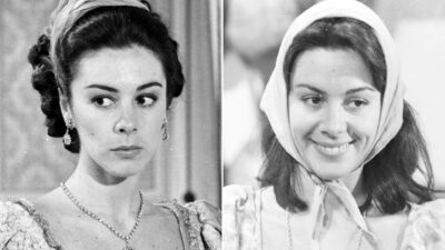 Montagem em preto e branco mostra Nívea Maria como Maria Dusá com expressão séria e como Maria Alves sorrindo na novela Maria, Maria