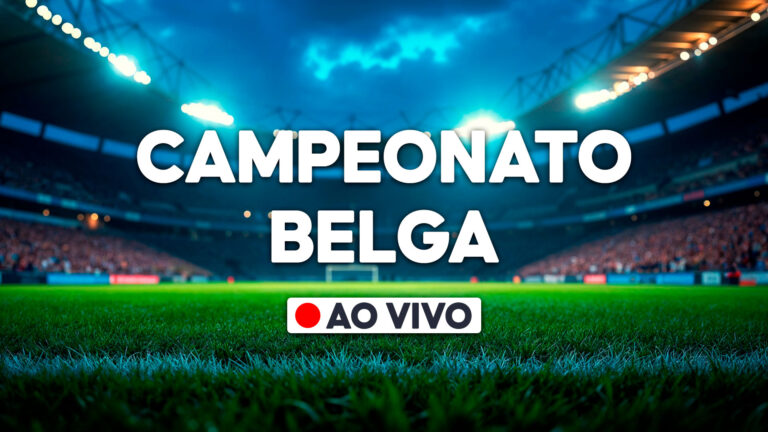 Estádio de futebol iluminado à noite com gramado em destaque, texto centralizado Campeonato Belga e selo branco com círculo vermelho escrito ao vivo