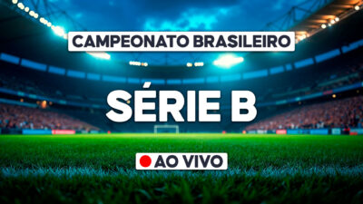 Arte com texto Campeonato Brasileiro - Série B e selo ao vivo sobre estádio de futebol iluminado com gramado em destaque e arquibancadas ao fundo