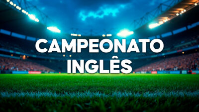 Gramado de estádio de futebol em foco, fundo com arquibancadas lotadas e refletores acesos, texto centralizado escrito Campeonato Inglês em branco